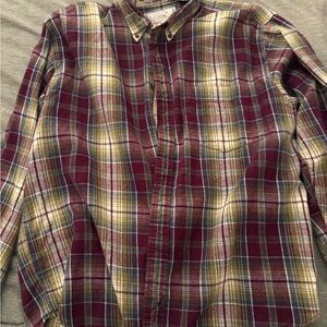American Eagle Outfitters Men's Plaid Shirt - Burgundy and Yellow